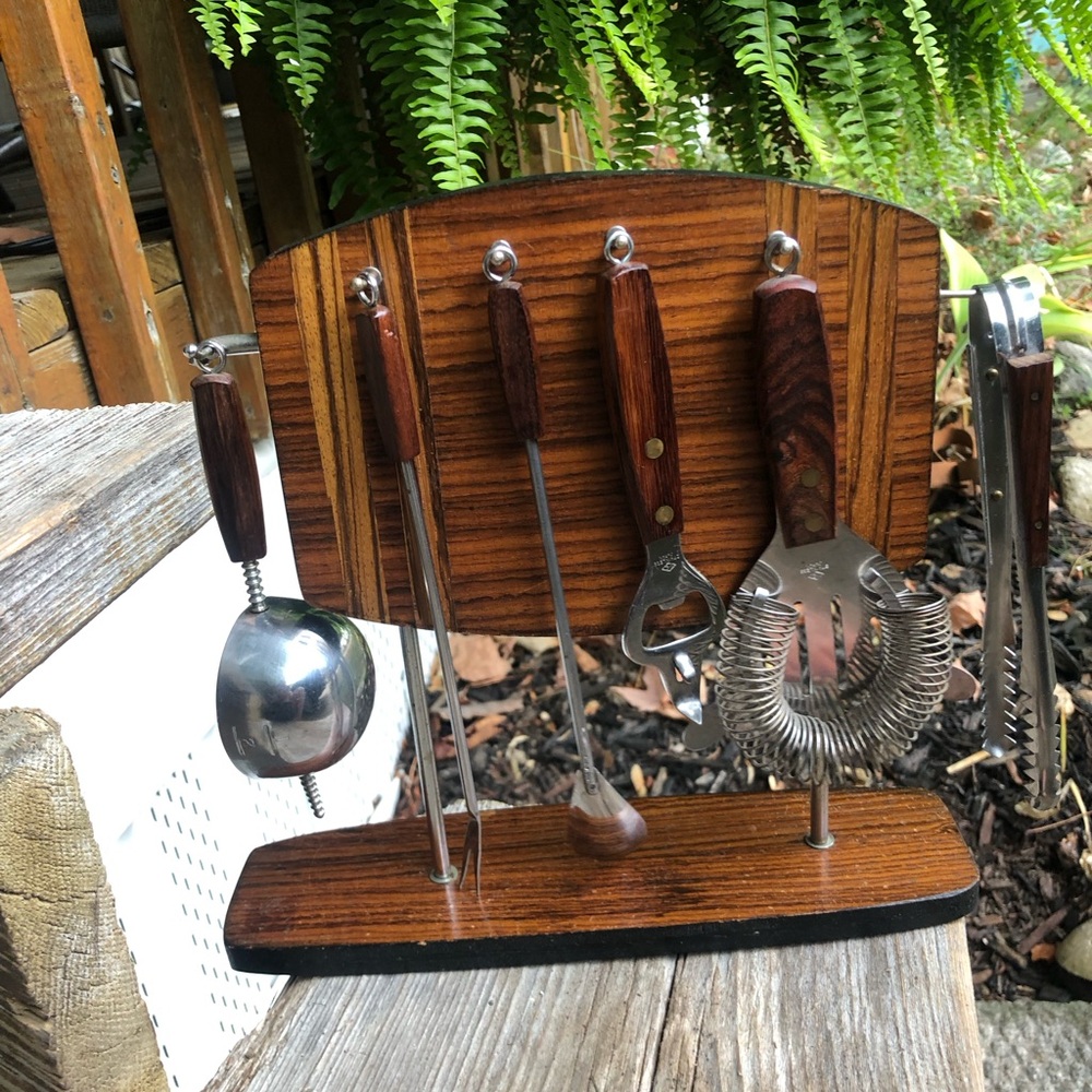 Vintage MCM Barware Set with Wooden Stand and Handles Stainless Steel JIC Japan
